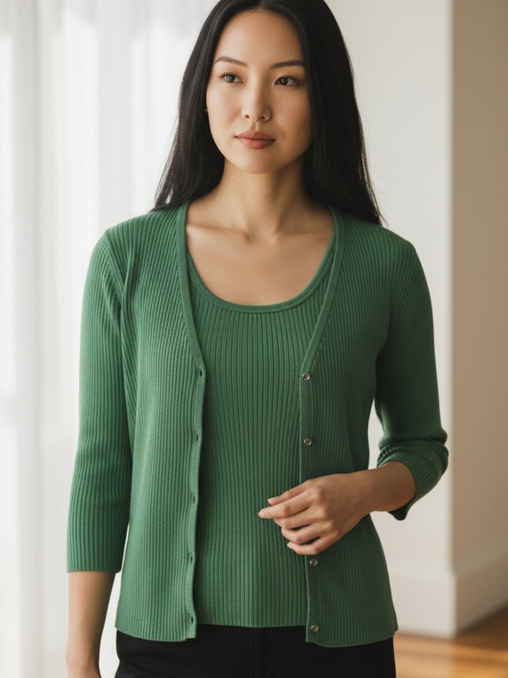 Crystal Kobe Green Knit Sweater Set Petite Medium Cardigan Shell Preppy 90's